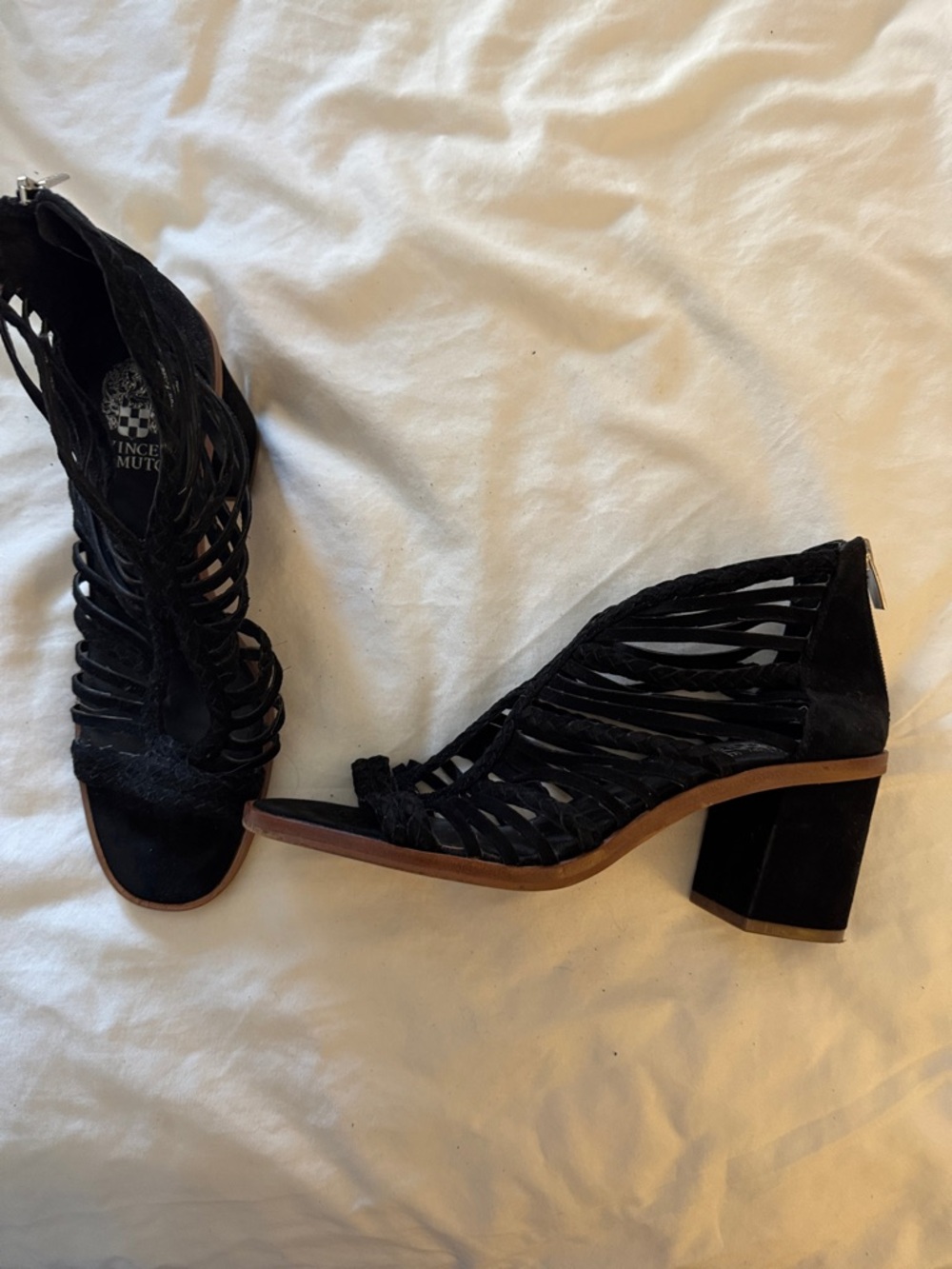 Vince Camuto Black Strappy Suede Block Heel Sandals